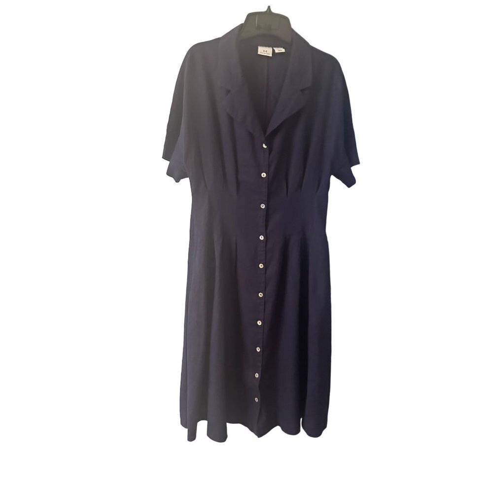H by Halston Blue Linen Blend Shirt Dress Short Sleeve Size 8